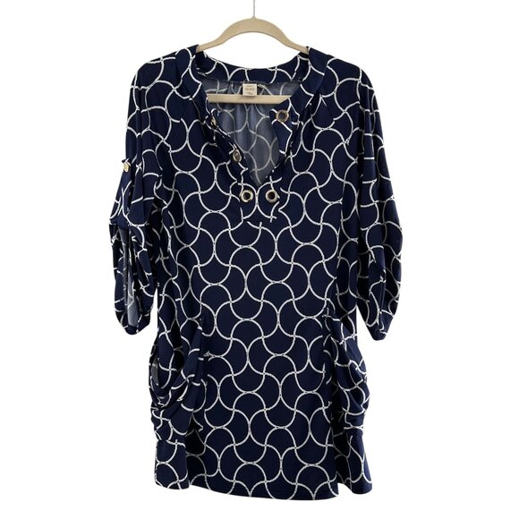 Saint Tropez West Navy & White Geometric Print Tunic Top S Nautical Swim Cover - Picture 1 of 11